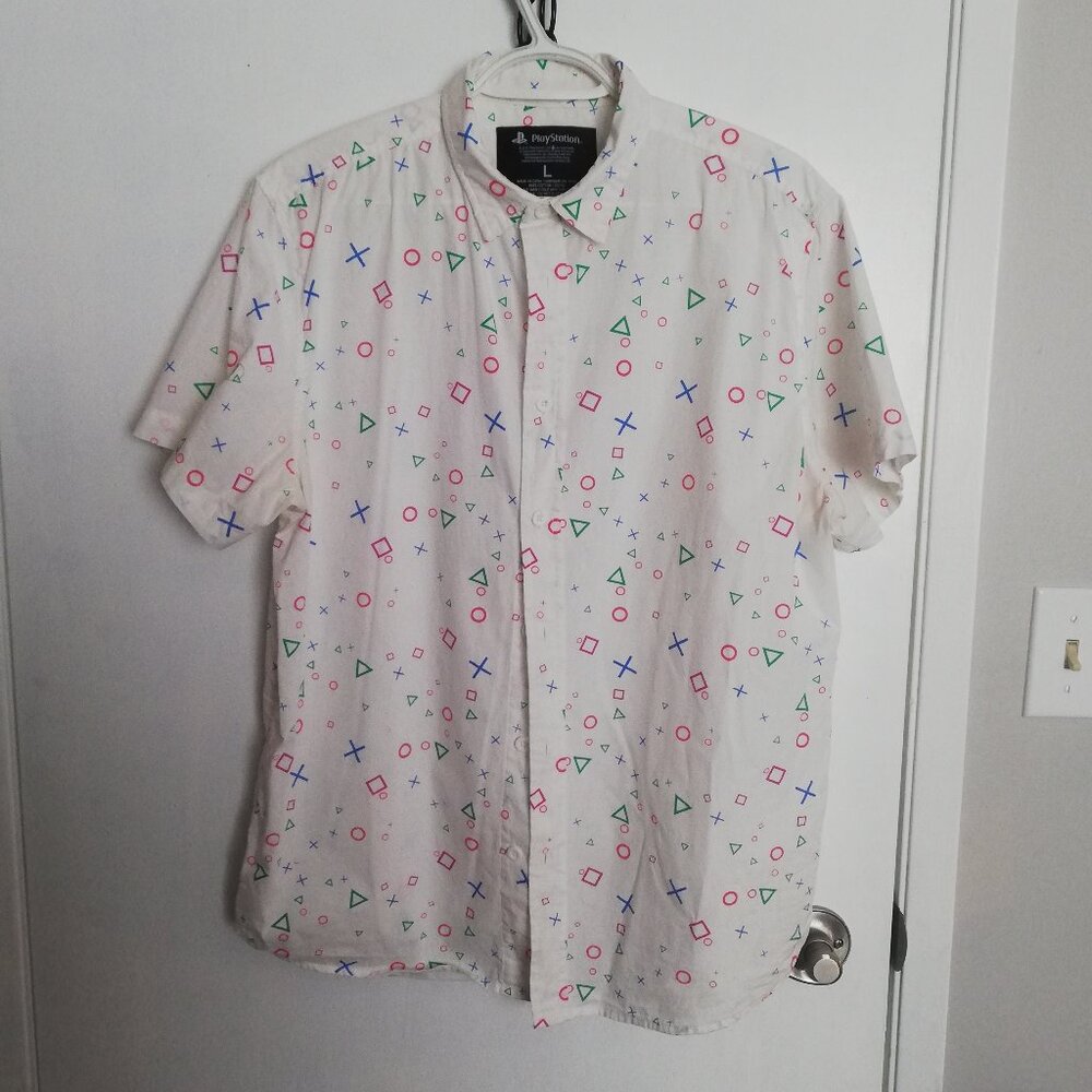 Sony PlayStation Controller Symbols Button-Up Shirt – Men's Large (100% Cotton)